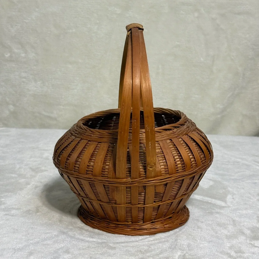 Vintage Small Brown Woven Basket with Handle Round Bulbous Rustic Farmhouse 90s
